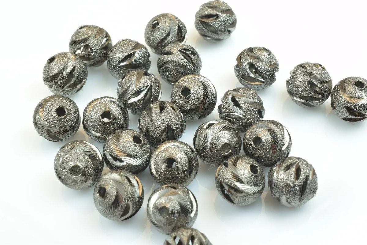 100 PCs Gun Metal Plated Black Carved Round Beads 6mm/8mm/10mm Diamond Cut For Jewelry Making