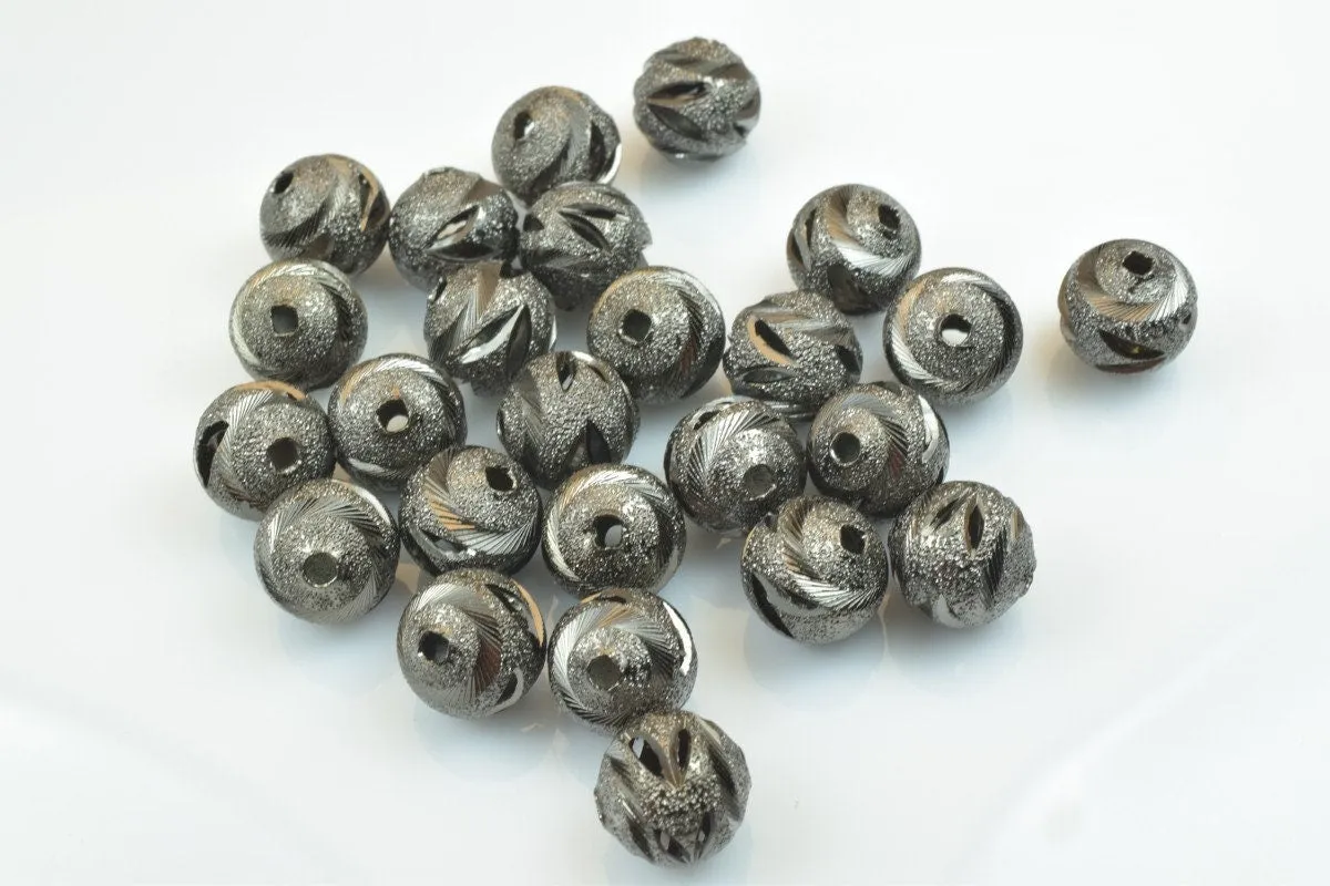 100 PCs Gun Metal Plated Black Carved Round Beads 6mm/8mm/10mm Diamond Cut For Jewelry Making