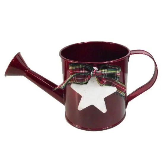 10cm Metal Watering Can with Star and Tartan Ribbon - Merry Christmas