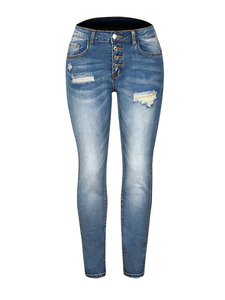 2024  New Slim Fit Ripped High Elastic Women's Denim Jeans