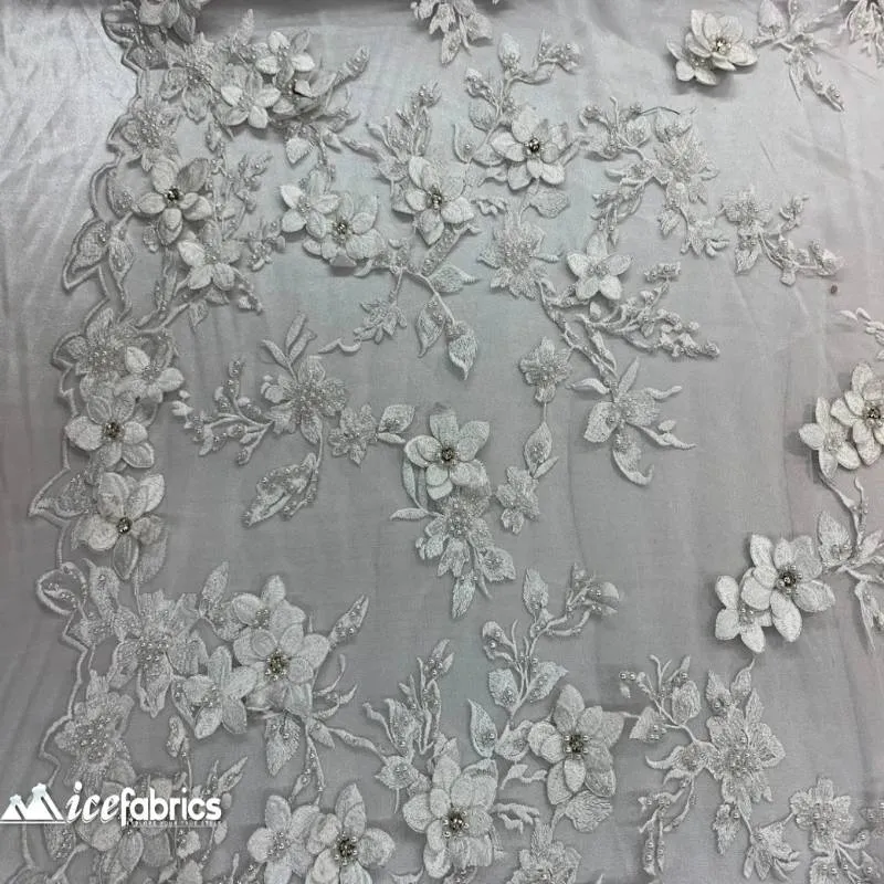 3D Flowers White Lace Fabric / Beaded Embroidery