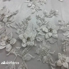 3D Flowers White Lace Fabric / Beaded Embroidery