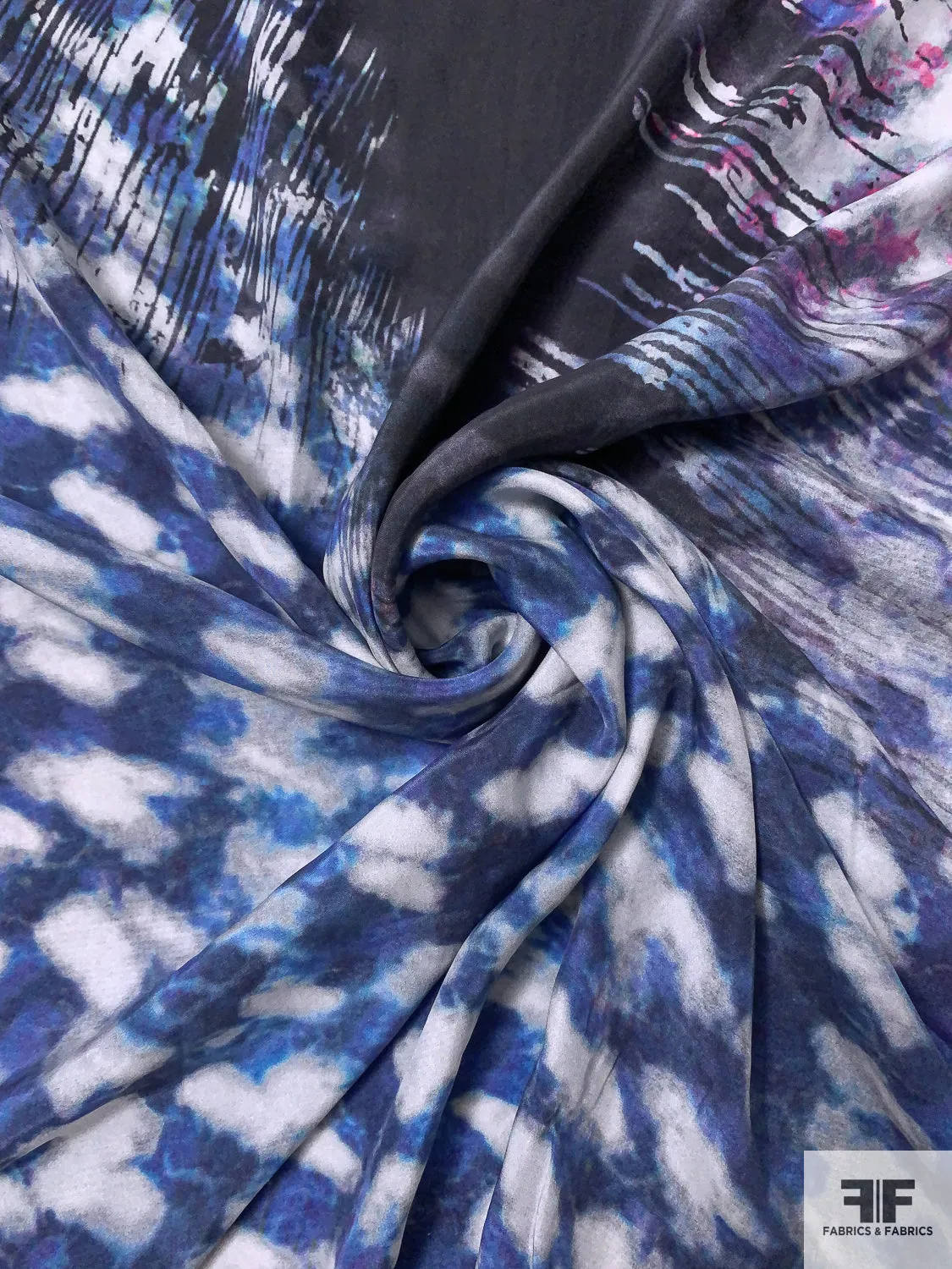 Abstract Matte-Side Printed Silk Charmeuse - Berry Pink / Blues / Washed Black / Off-White