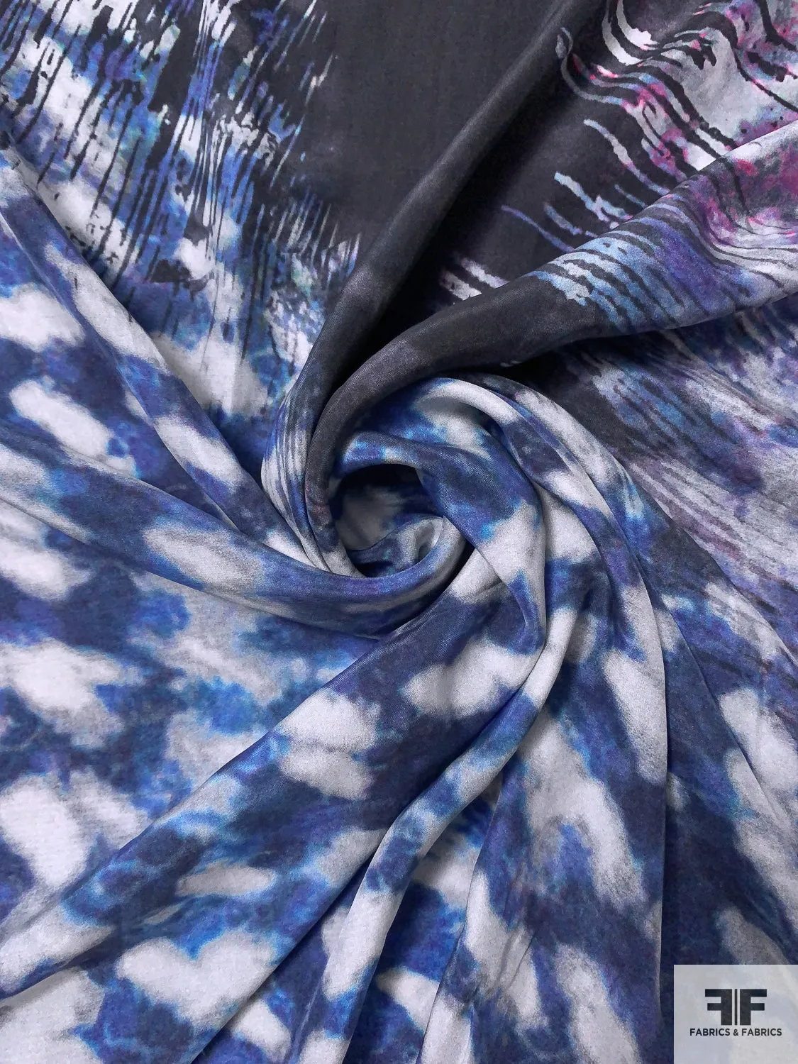 Abstract Matte-Side Printed Silk Charmeuse - Berry Pink / Blues / Washed Black / Off-White