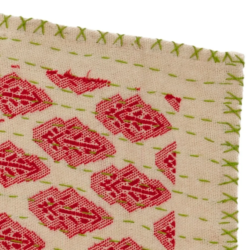 Artisan Hand Loomed Cotton Table Runner - Red with Green Stitching - 18"x96"