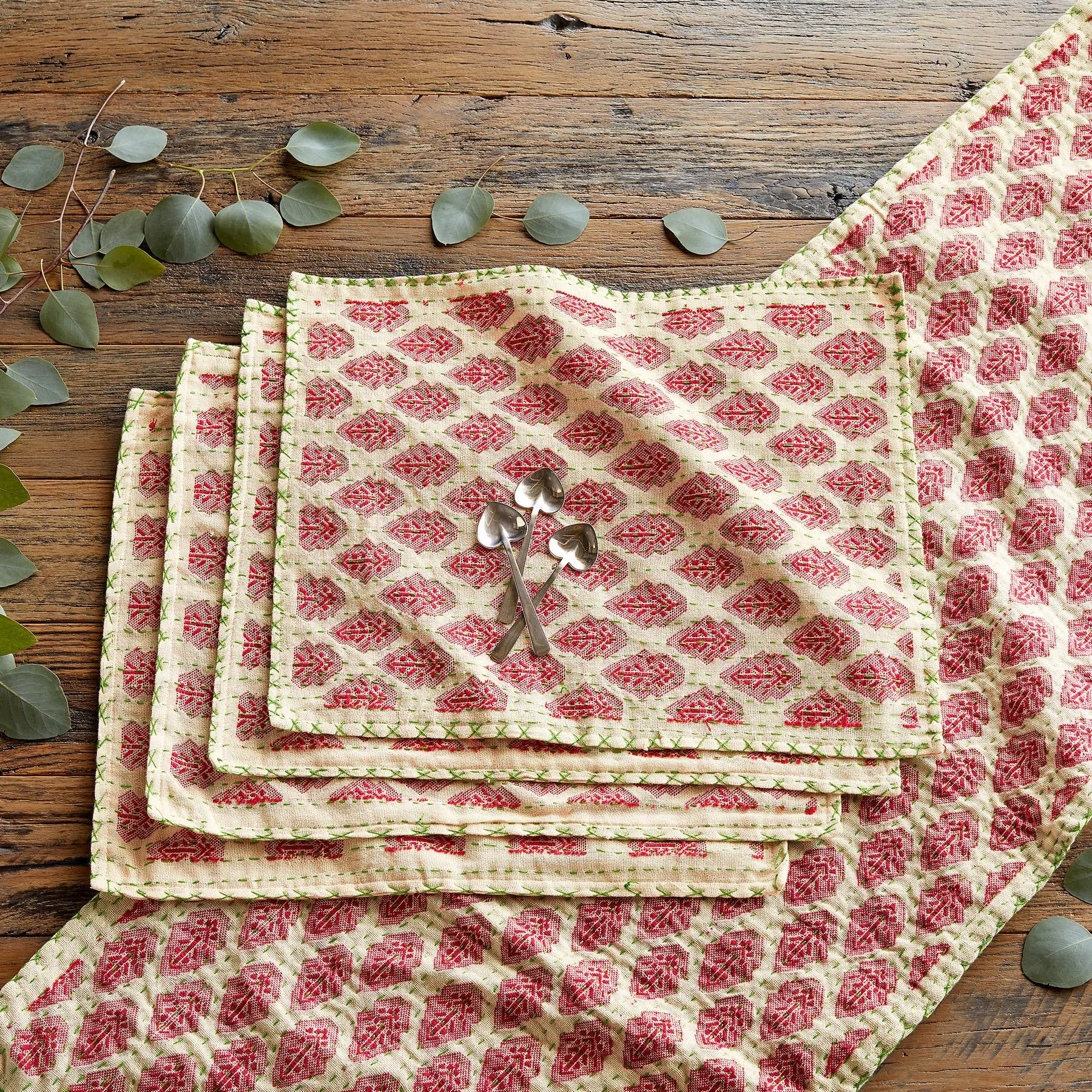 Artisan Hand Loomed Cotton Table Runner - Red with Green Stitching - 18"x96"