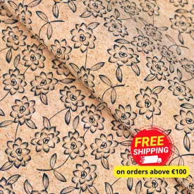 Baroque Elegance: Black flowers Pattern Cork Fabric COF-503