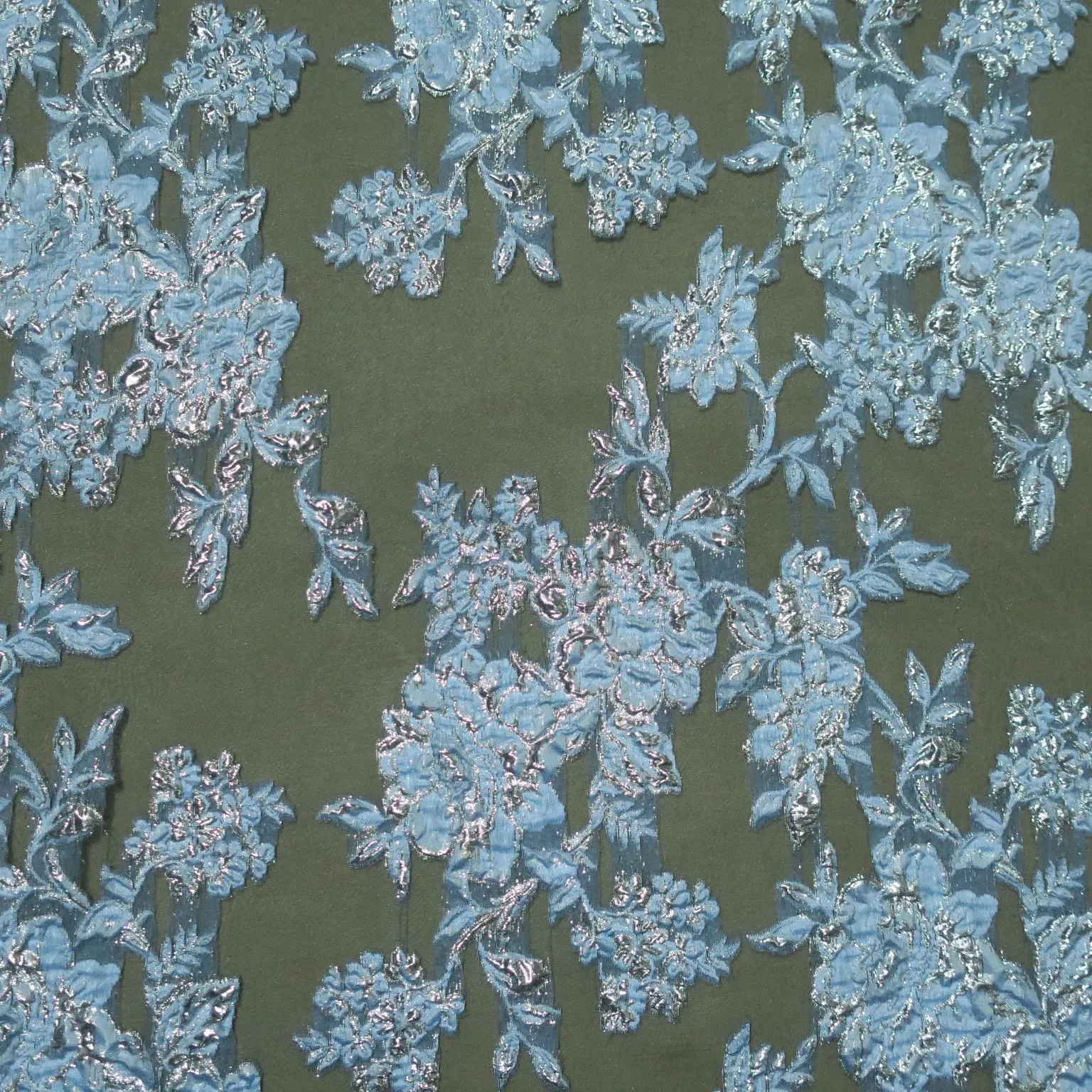 Black Background with Light Blue Metallic Textured Embroidered Organza Fabric