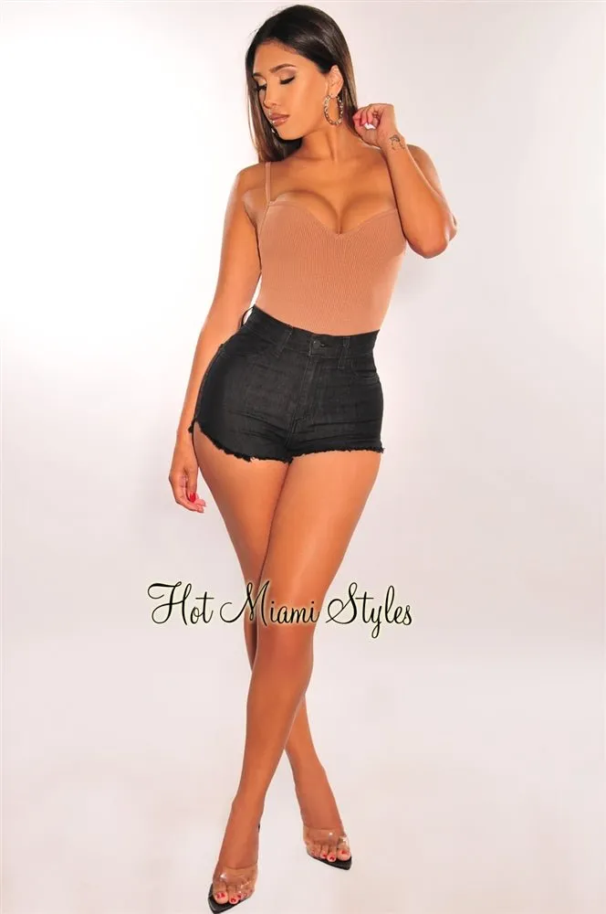 Black Denim High Waist Frayed Hem Slit Shorts