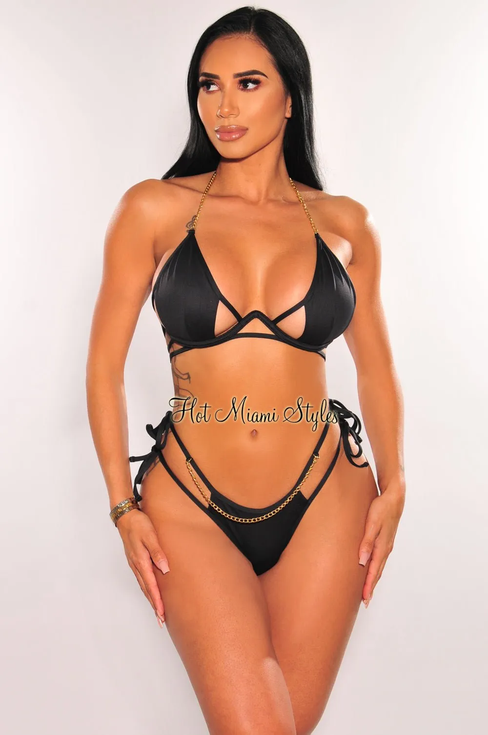 Black Gold Chain Underwire Strappy Tie Up Cut Out Bikini Bottom