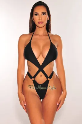 Black Halter Criss Cross O-Ring Cut Out Thong Swimsuit