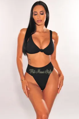 Black Textured Knotted High Rise Bikini Top