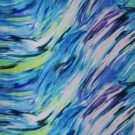 Blue and Green Waves Printed Silk Charmeuse Fabric