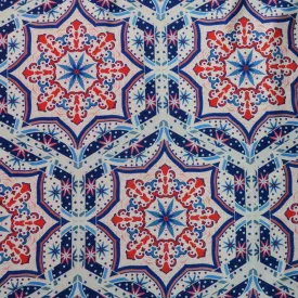 Blue and Red Mosaic on White Printed Polyester Mikado Fabric