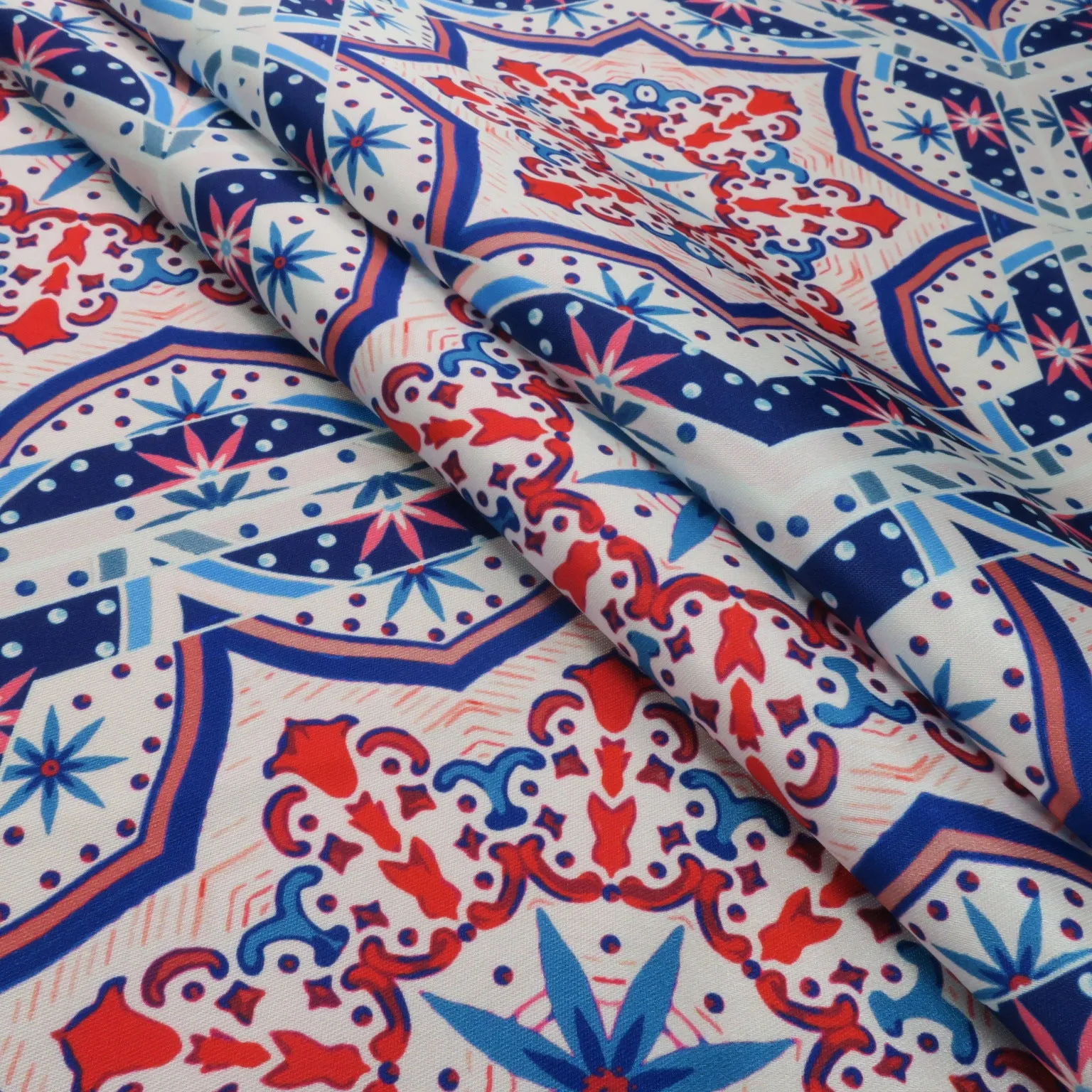 Blue and Red Mosaic on White Printed Polyester Mikado Fabric