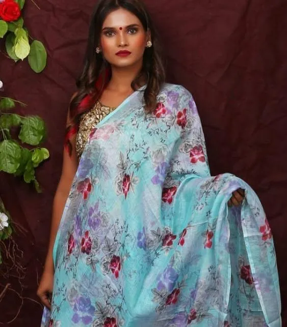 Blue Floral Digital Printed Linen Women Dupatta