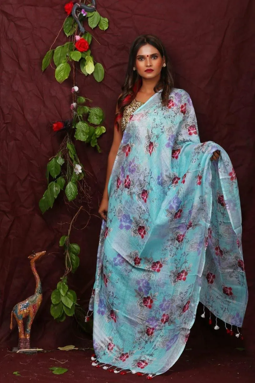 Blue Floral Digital Printed Linen Women Dupatta