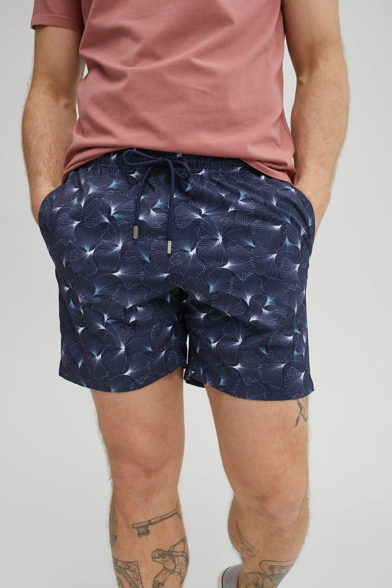 Blue Large Leaf Print Swimshorts