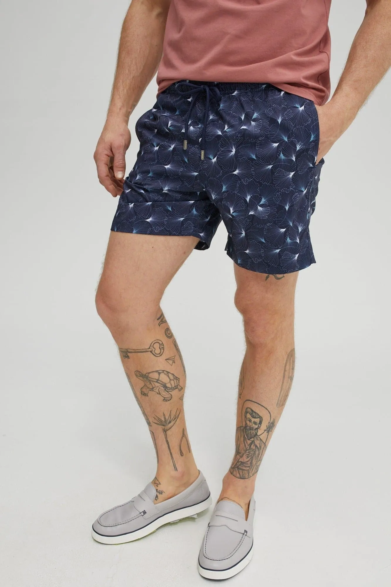 Blue Large Leaf Print Swimshorts