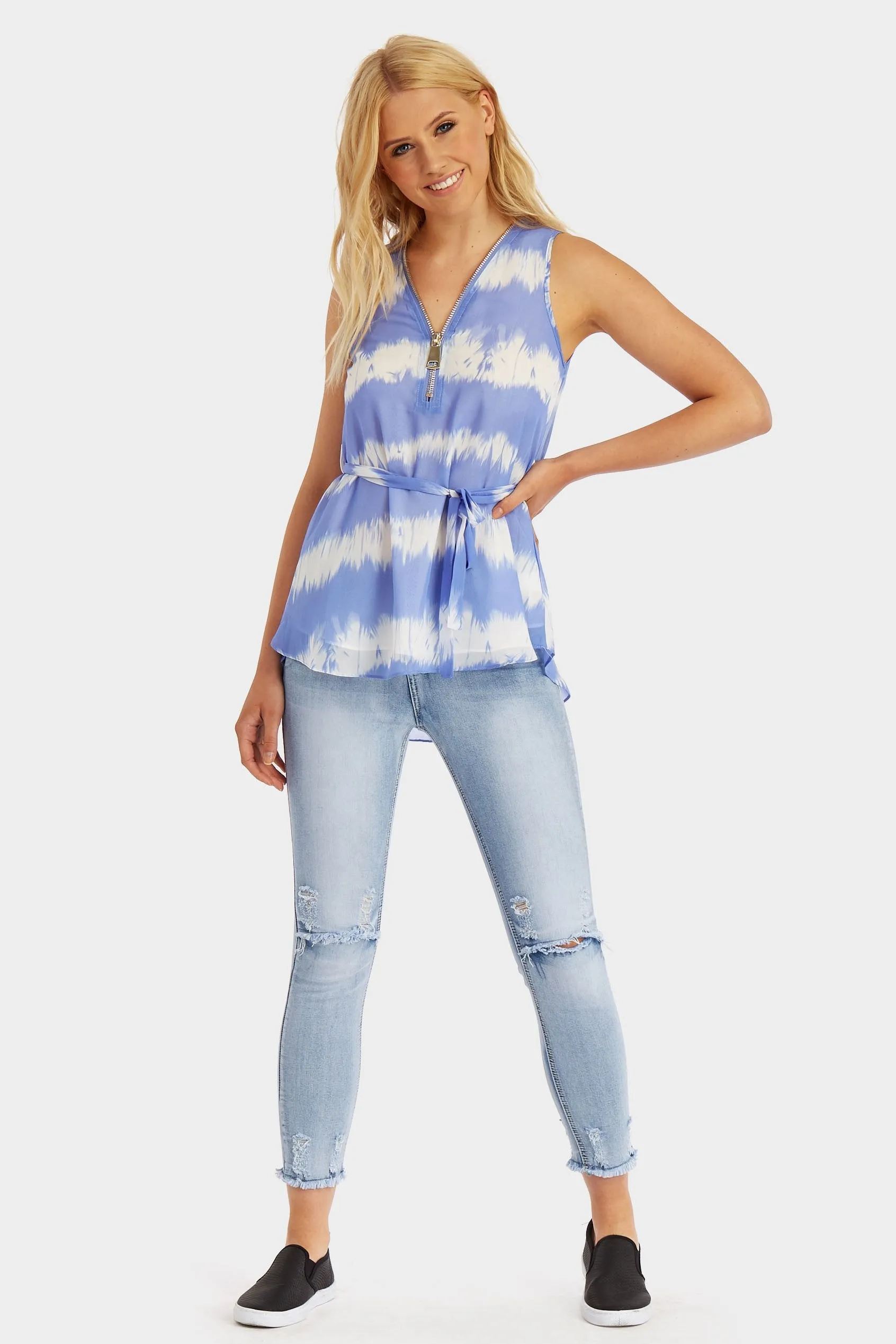 Blue Tie Dye Sleeveless Zip Front Top