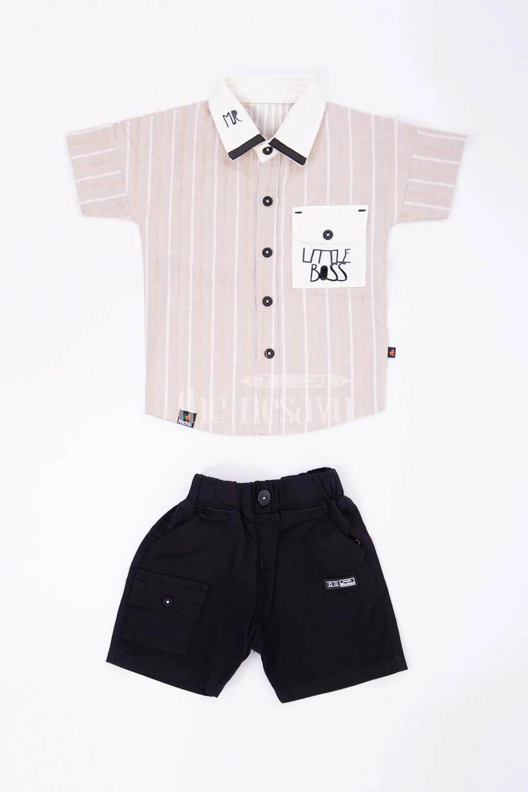 Boys Beige Striped Half Sleeve Shirt and Black Shorts Set