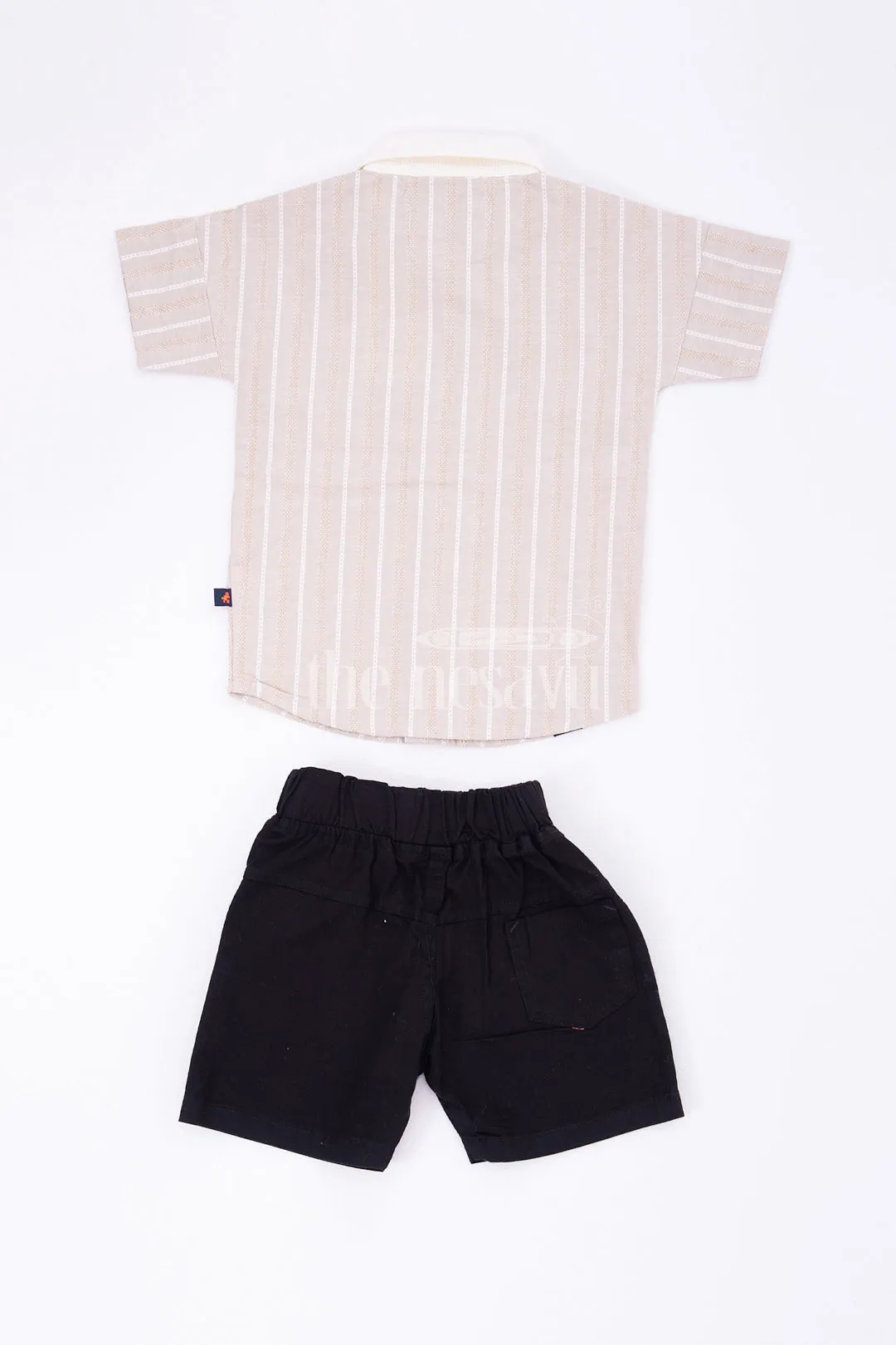 Boys Beige Striped Half Sleeve Shirt and Black Shorts Set