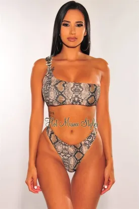 Brown Snake Print One Shoulder Jeweled Scrunch Butt Bikini Top