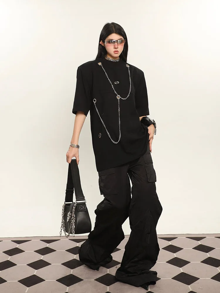 Cassy Solid Color Irregular Shaped Cut Out Design Wide Leg Zipper Cargo Pants