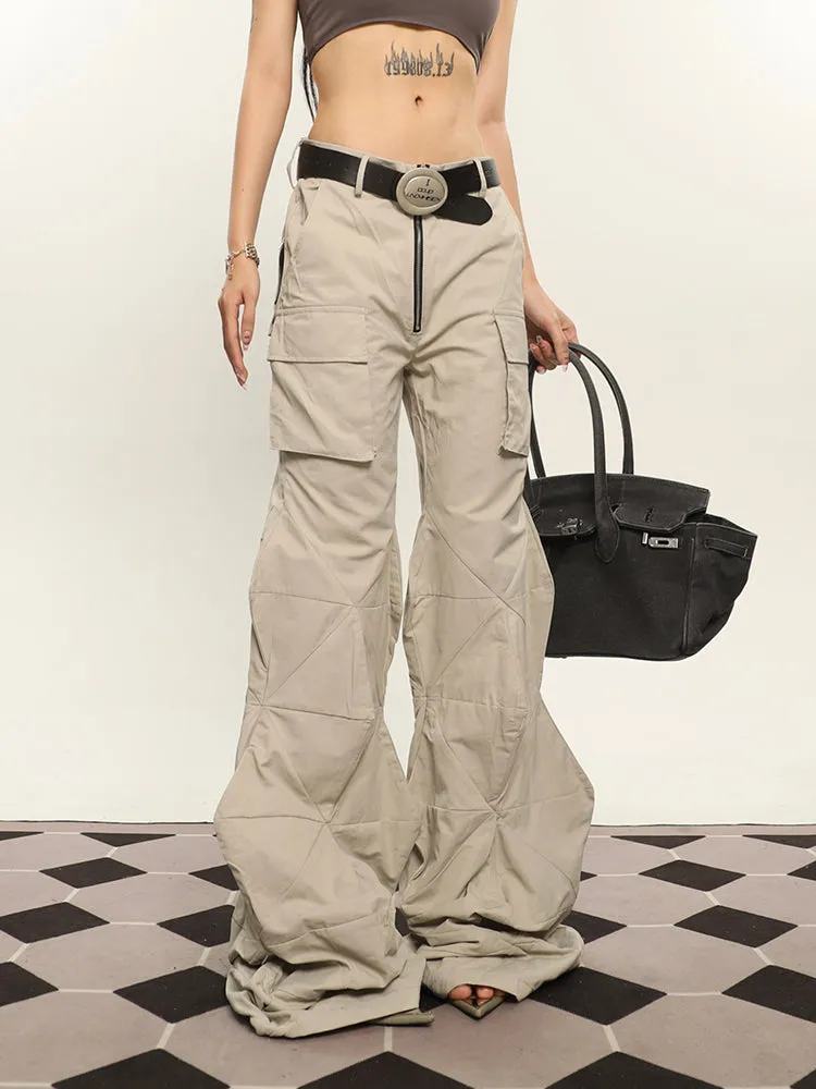 Cassy Solid Color Irregular Shaped Cut Out Design Wide Leg Zipper Cargo Pants