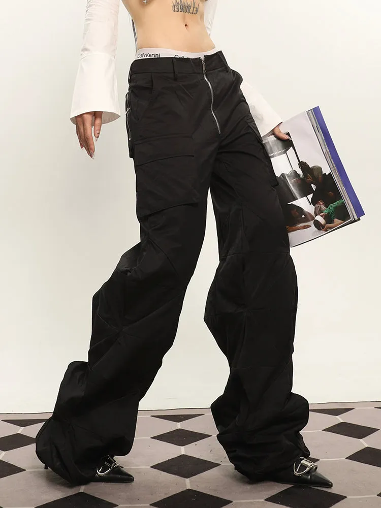 Cassy Solid Color Irregular Shaped Cut Out Design Wide Leg Zipper Cargo Pants