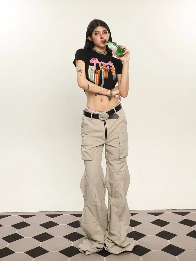 Cassy Solid Color Irregular Shaped Cut Out Design Wide Leg Zipper Cargo Pants