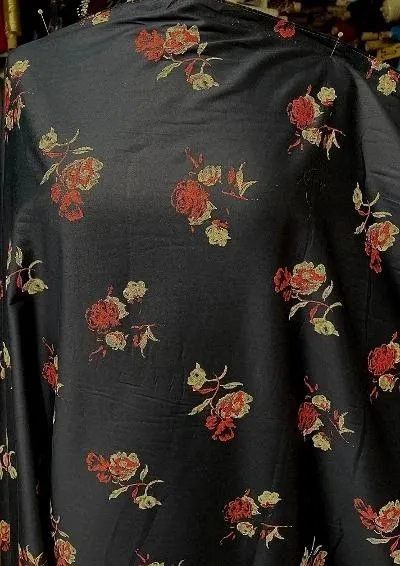 Cotton Satin Floral Print- Navy/Red/Beige