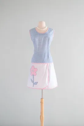 CUTE 1960's Baby Blue & Pink Gingham Daisy Shift Dress & Shorts Set / Sz M