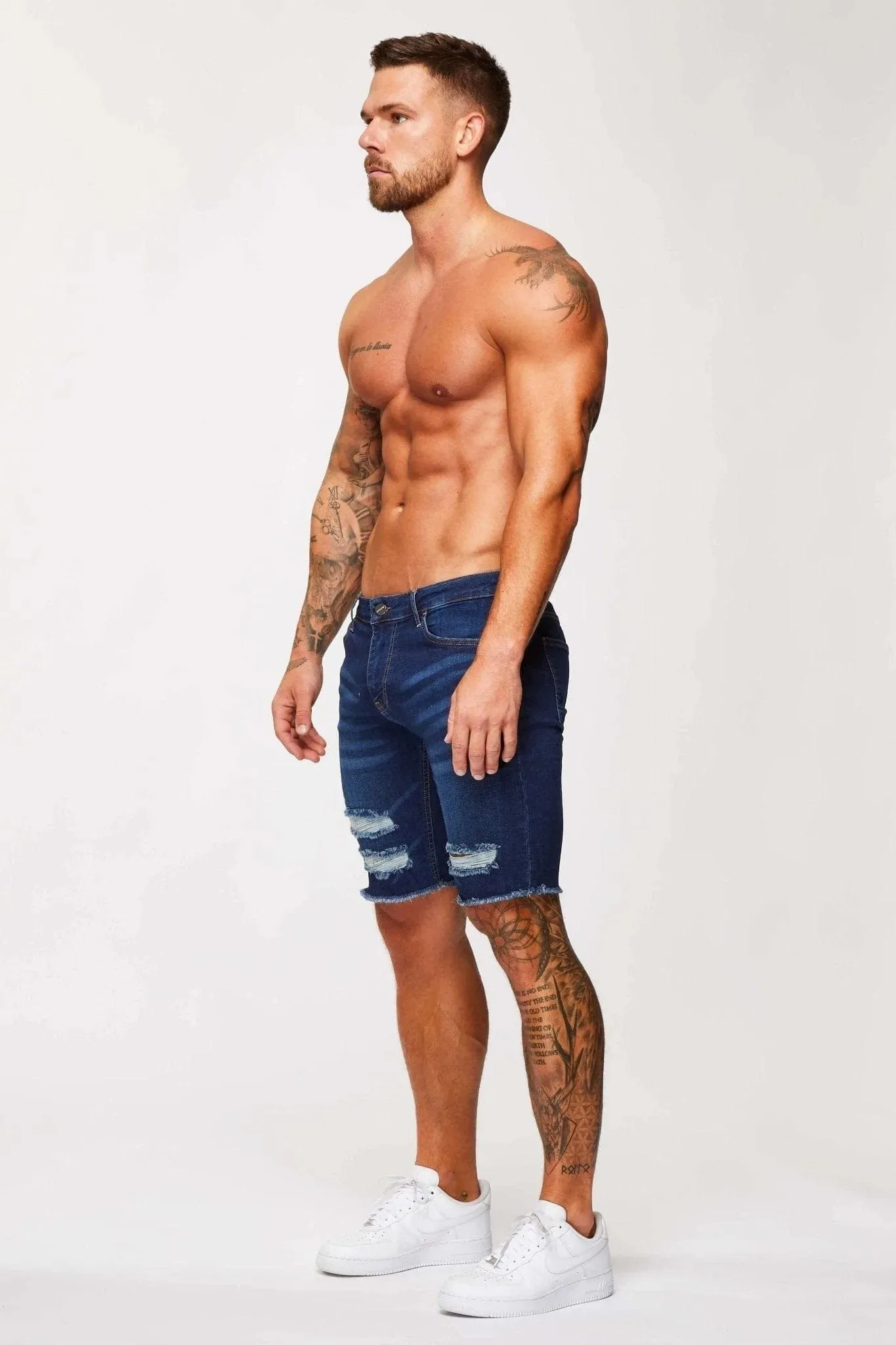 DARK BLUE DENIM SHORTS - RIPPED & REPAIRED