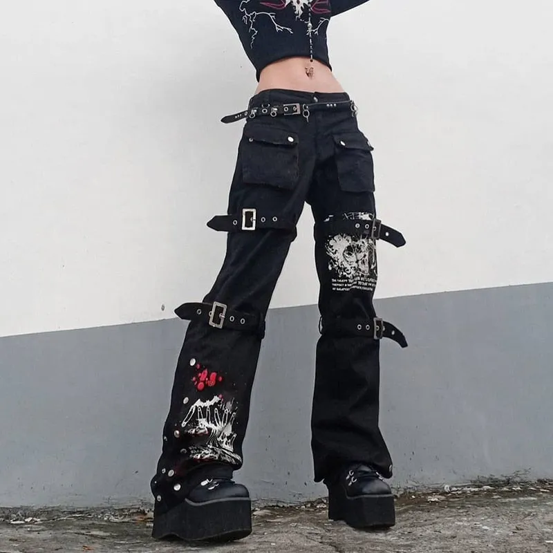 'Deadly Demon' Black Baggy Buckle Cargo Pants