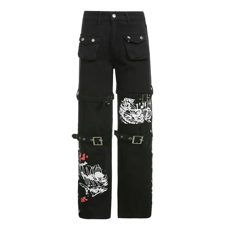 'Deadly Demon' Black Baggy Buckle Cargo Pants