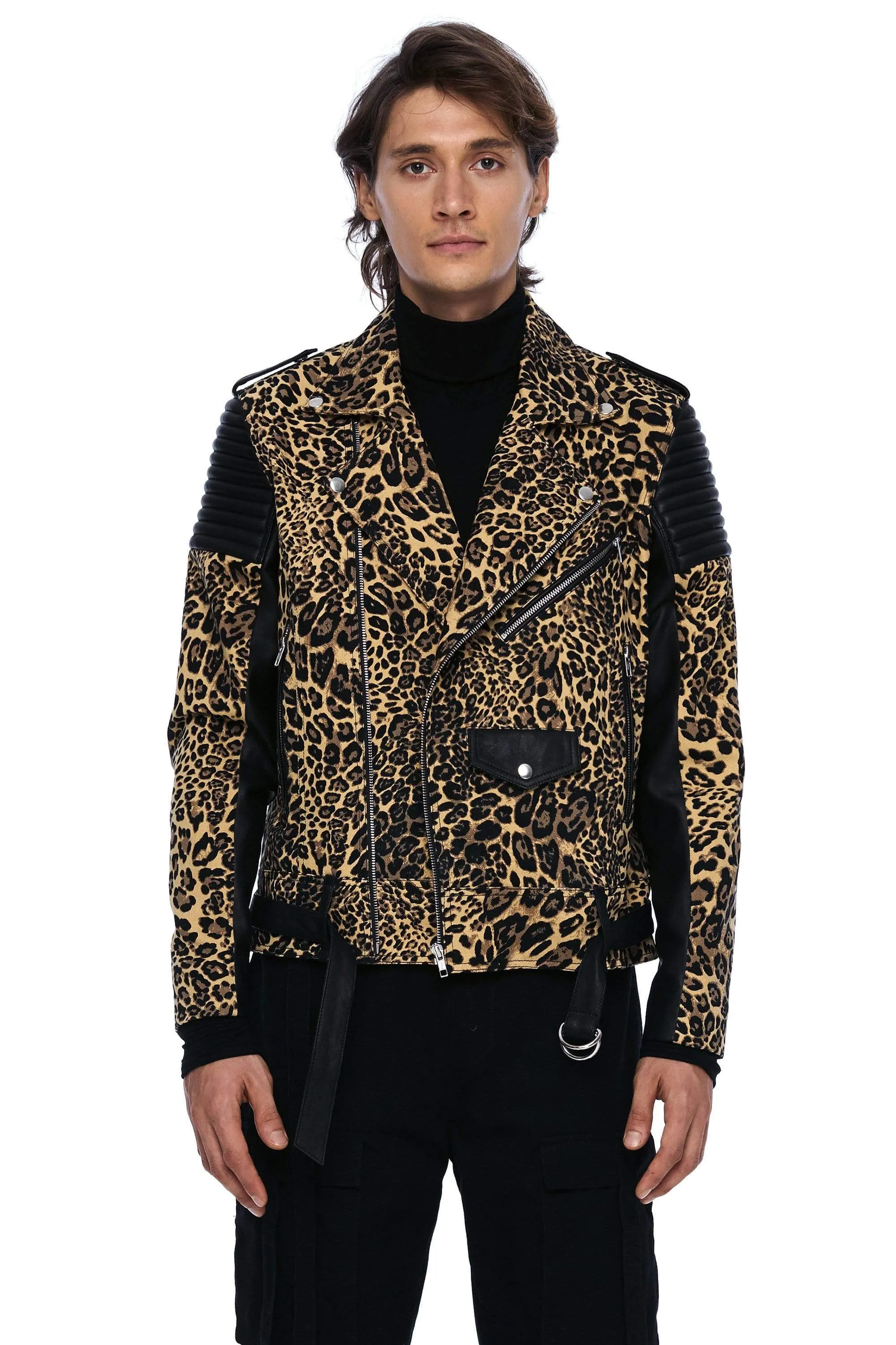 DENIM AND LEATHER BIKER JACKET IN LEOPARD