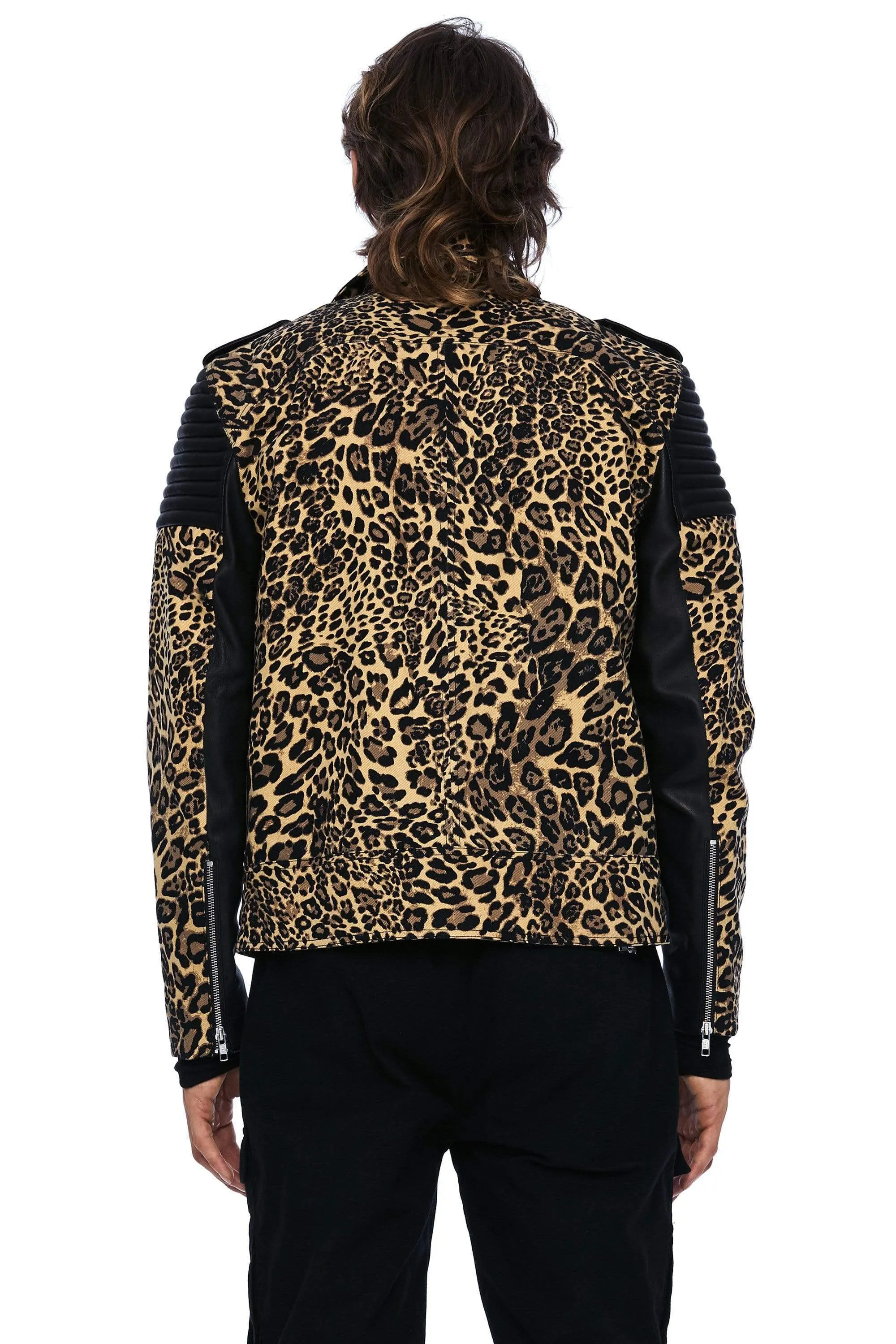 DENIM AND LEATHER BIKER JACKET IN LEOPARD