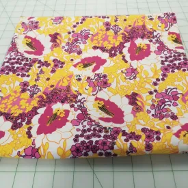 Designer European Deadstock Cotton Spandex Floral Yellow and Fuchsia Stretch White Twill Woven- by the yard