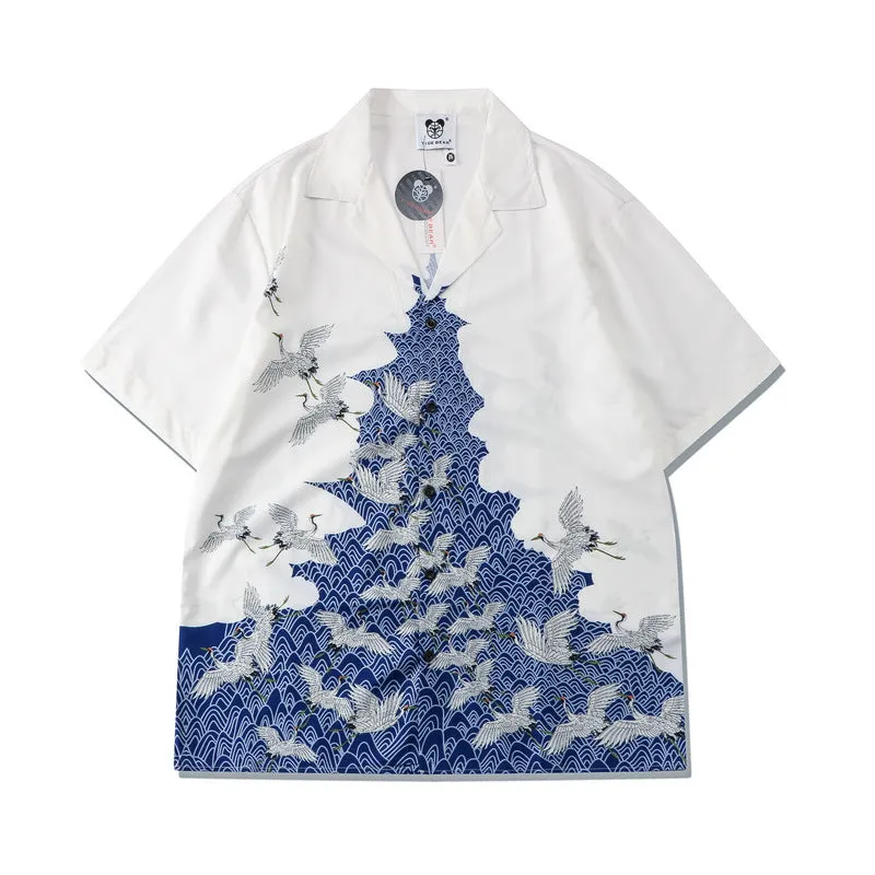 Digital Printed Crane Blue And White Loose Short Sleeve Shirt