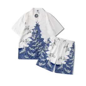 Digital Printed Crane Blue And White Loose Short Sleeve Shirt