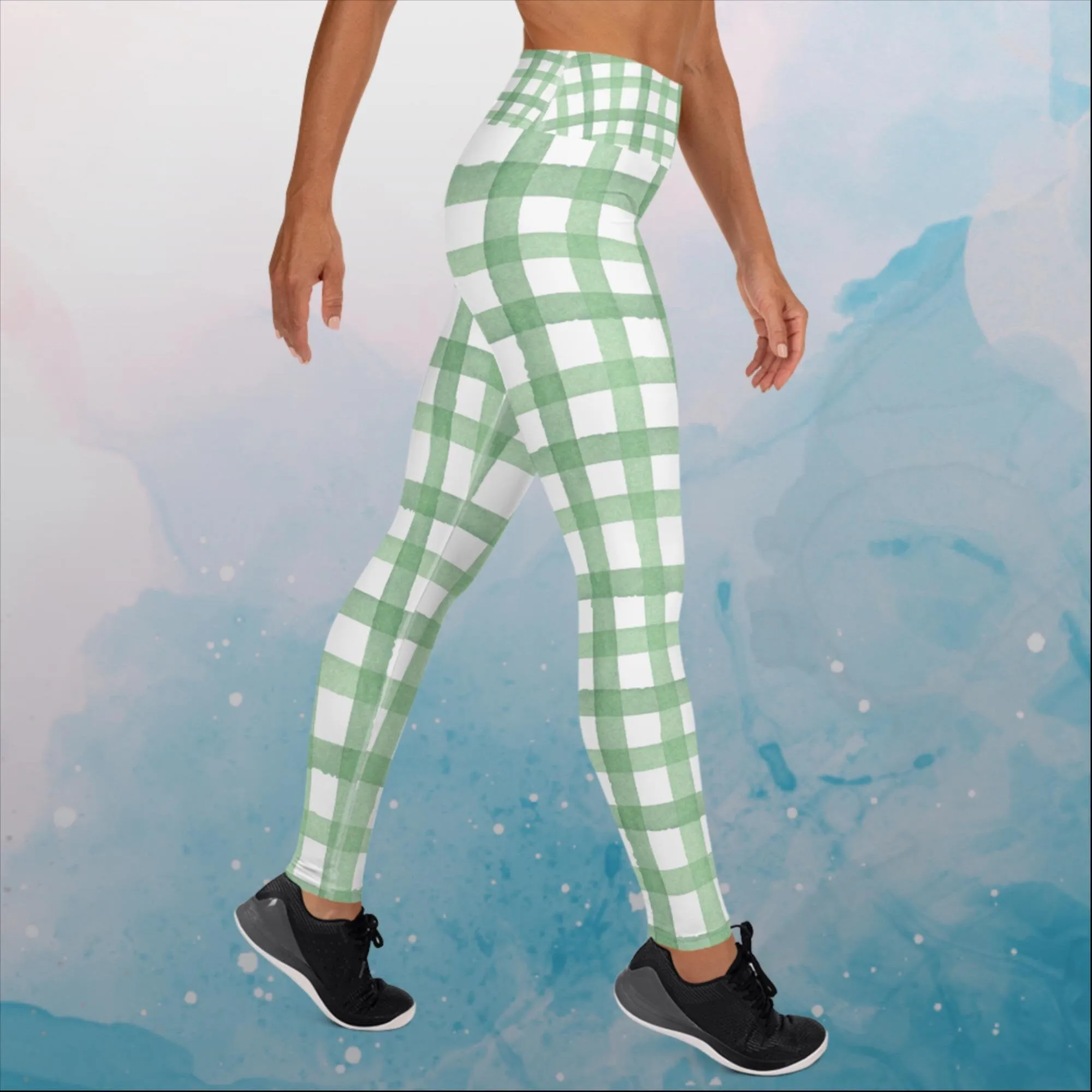 Green Gingham Print Womens Yoga Leggings