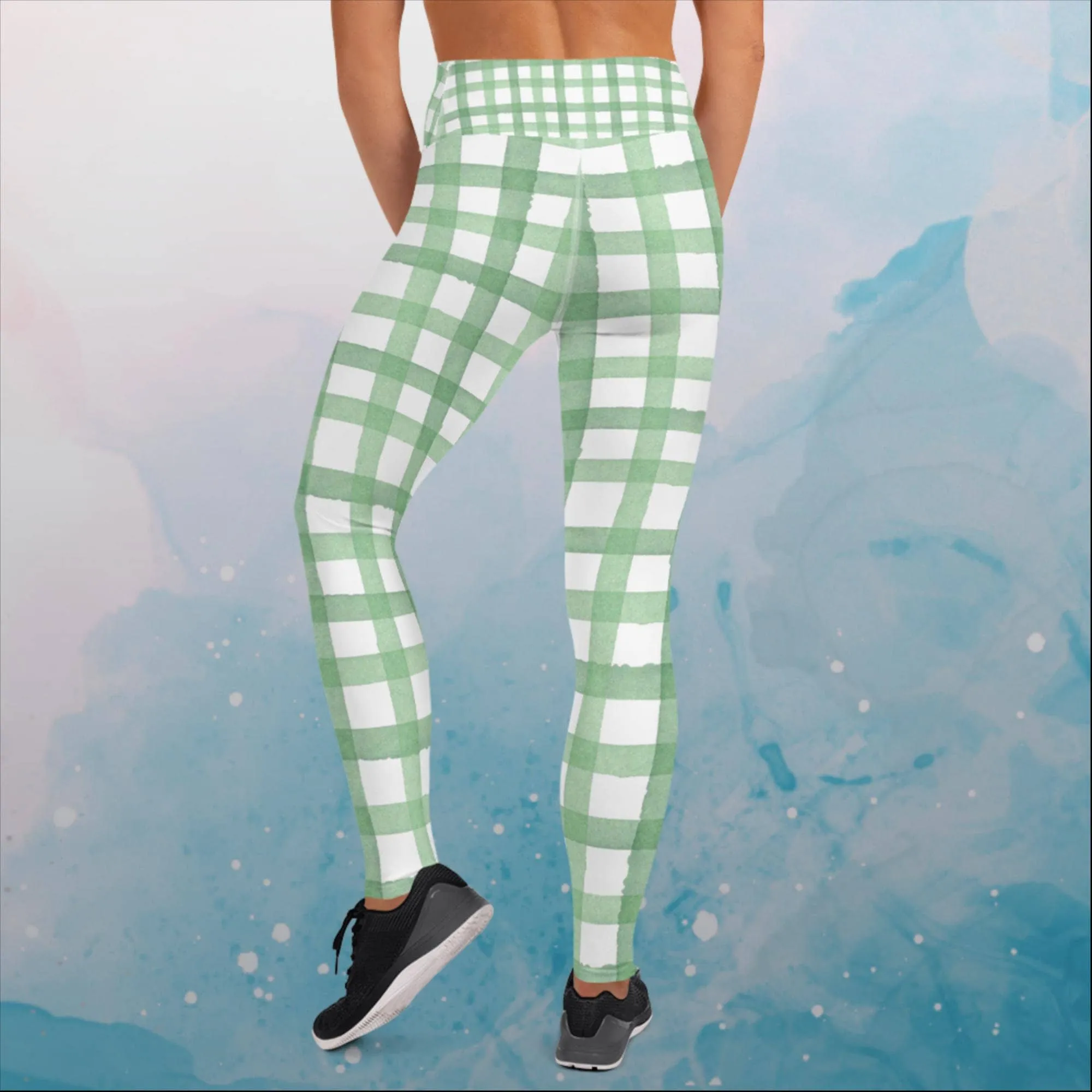 Green Gingham Print Womens Yoga Leggings