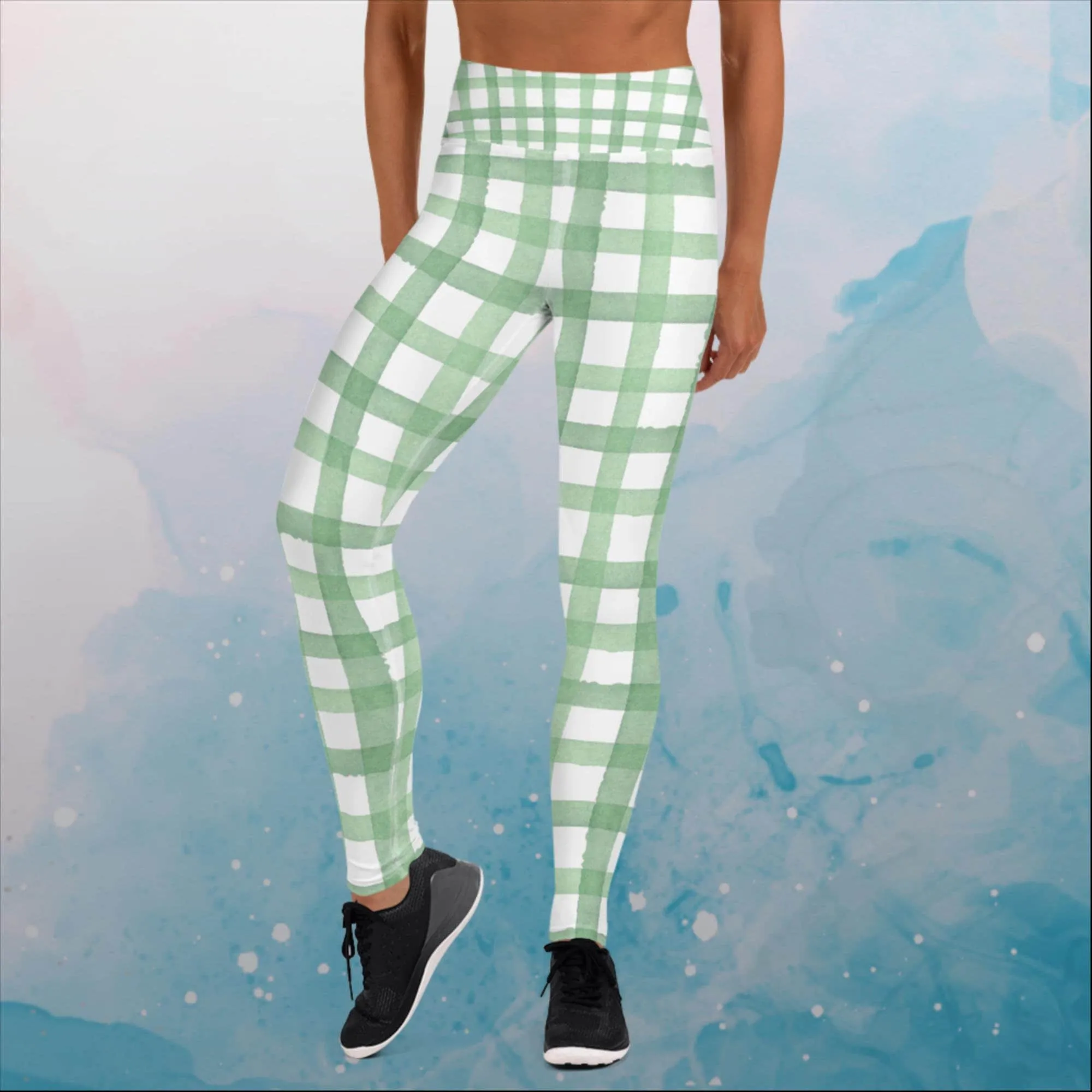 Green Gingham Print Womens Yoga Leggings