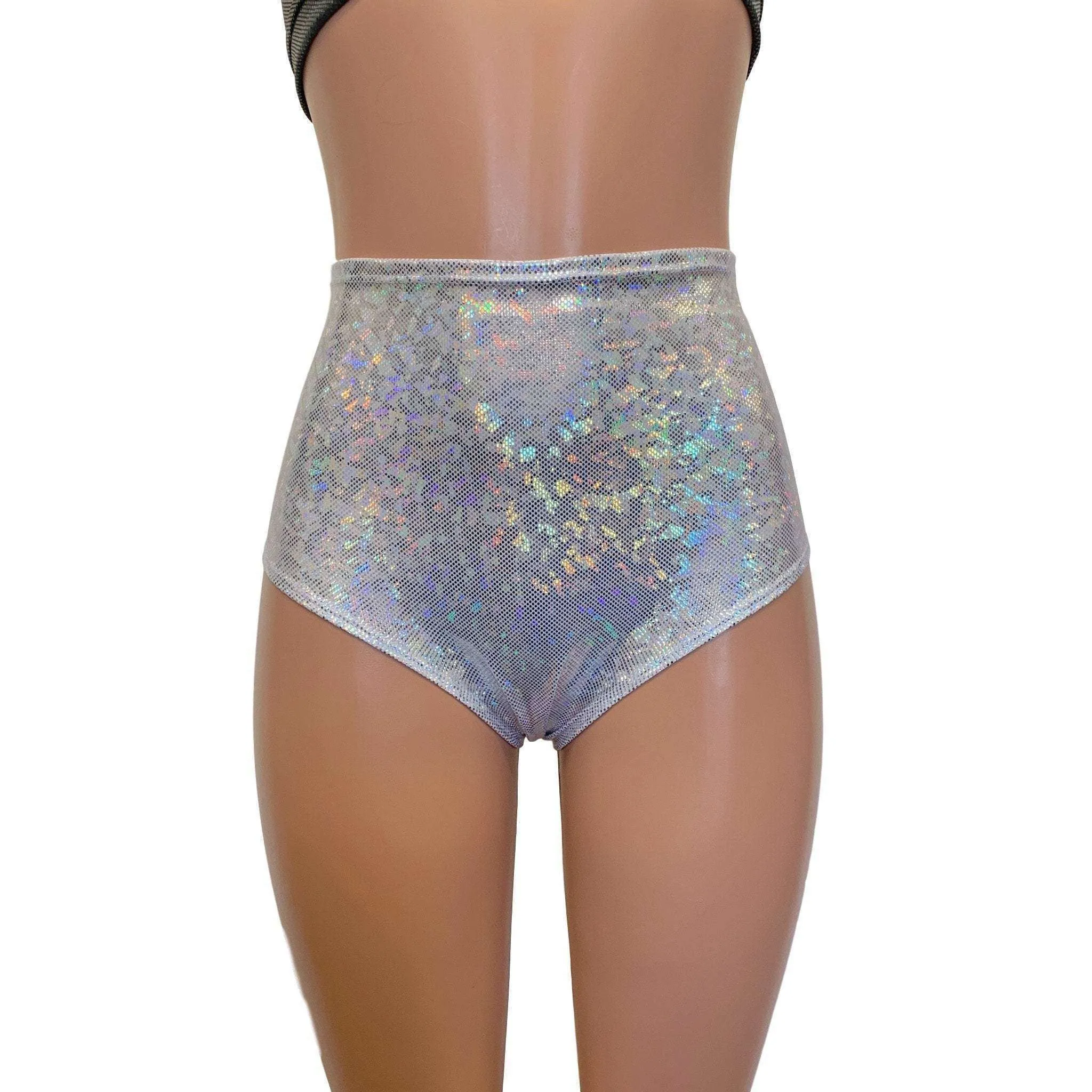 High Waist Scrunch Bikini Hot Pants - Silver Shattered Glass Holographic