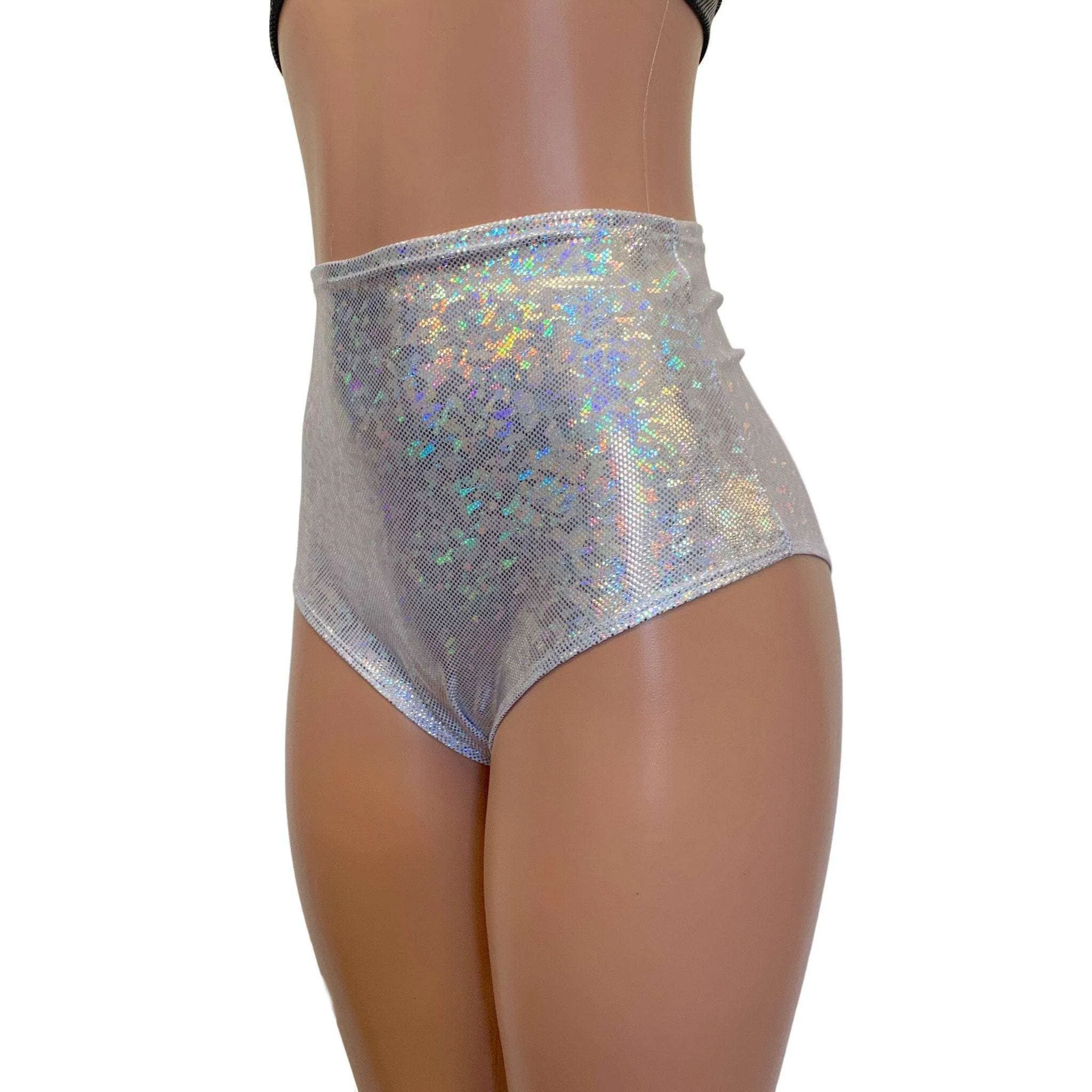 High Waist Scrunch Bikini Hot Pants - Silver Shattered Glass Holographic