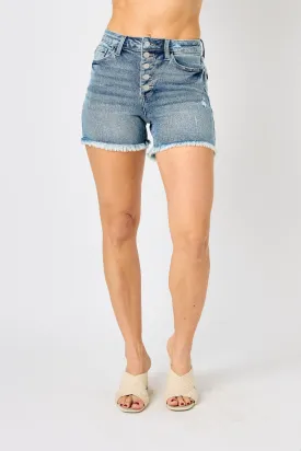 Judy Blue Full Size Button Fly Raw Hem Denim Shorts