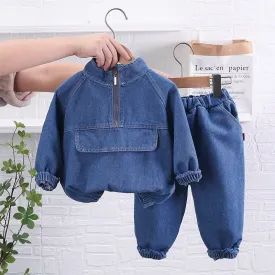 Kids Denim Zip Pullover and Cargo Tracksuit Set