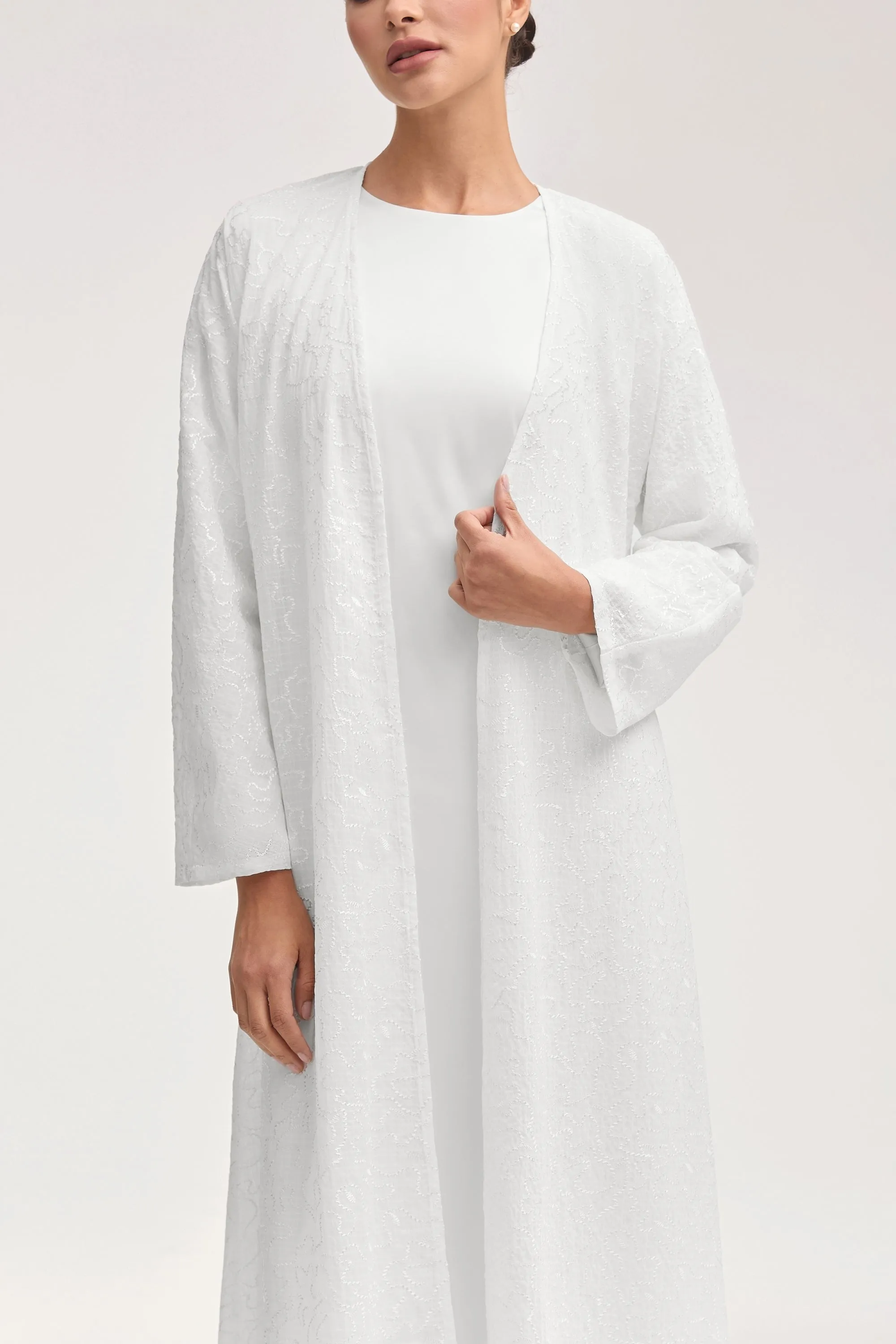 Malak Embroidered Open Abaya - White