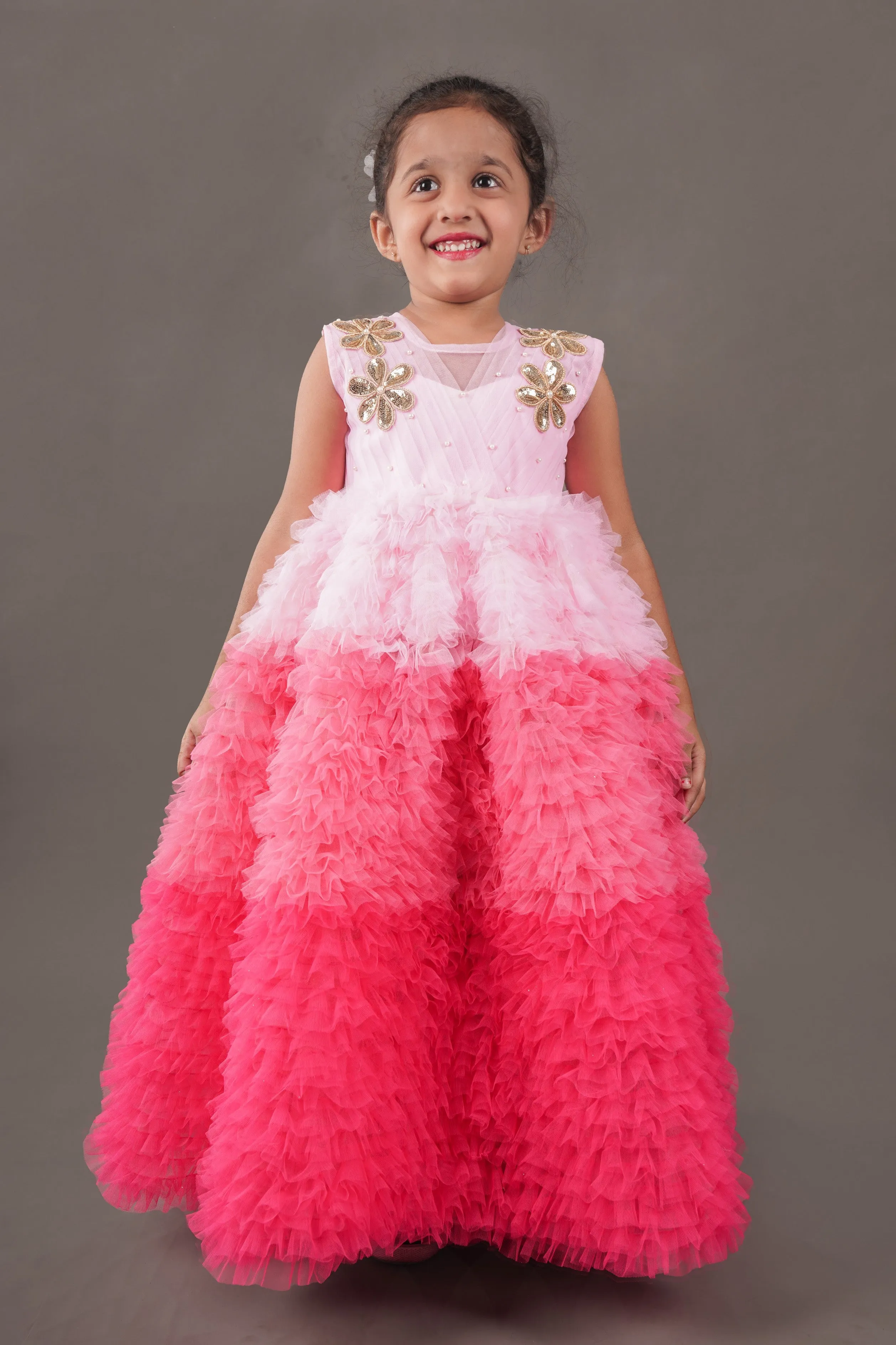 Pre Order: Pleated Yoke Floral Embroidered Ruffle Shaded Pink Gown